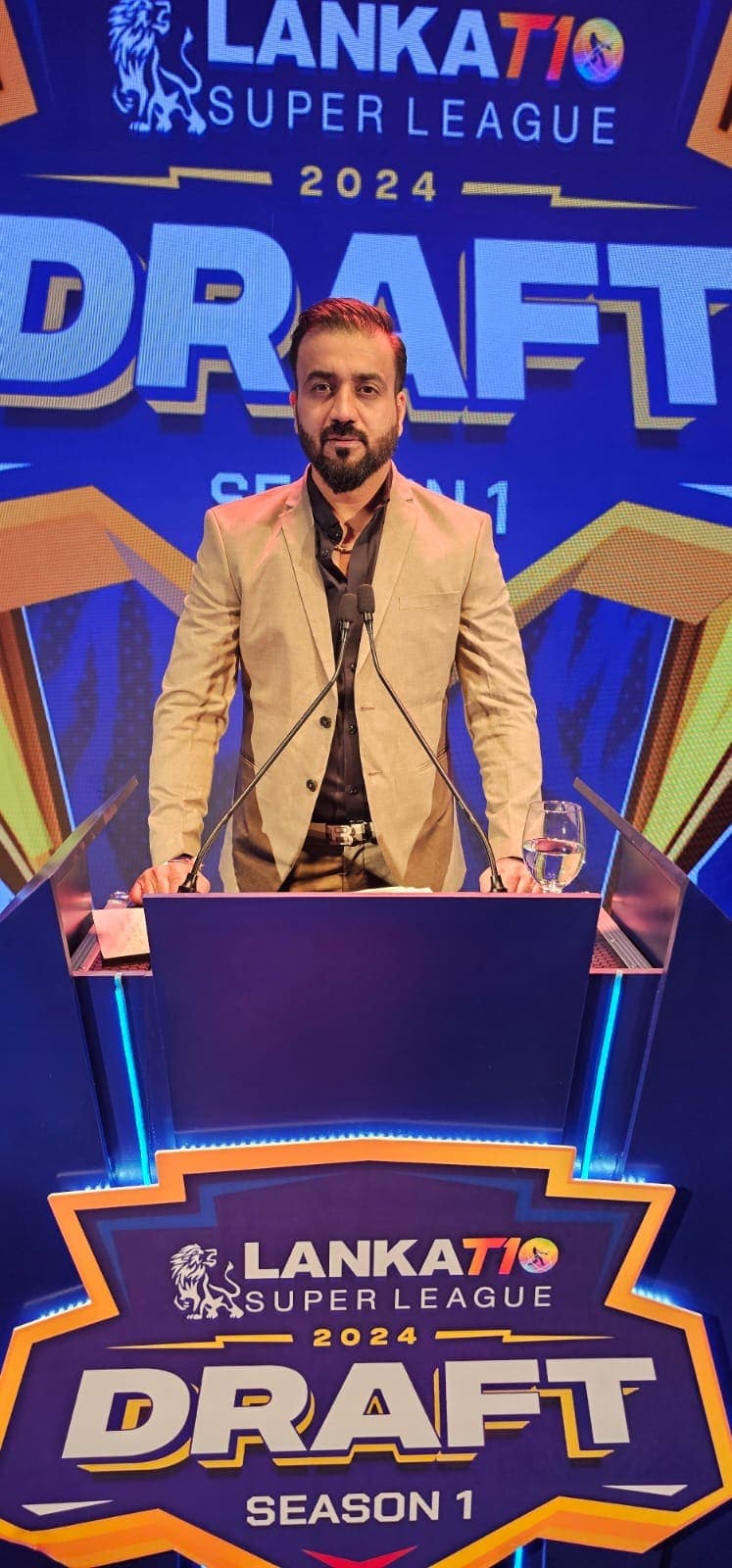 Gaurav Sachdeva at the podium for the Lanka T10 Super League draft.