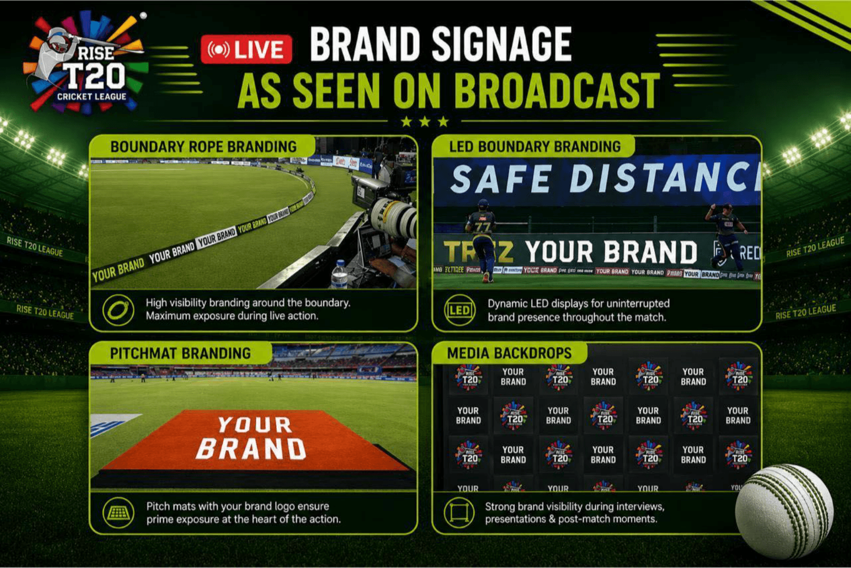 Collage of boundary, LED, pitch mat and backdrop brand signage