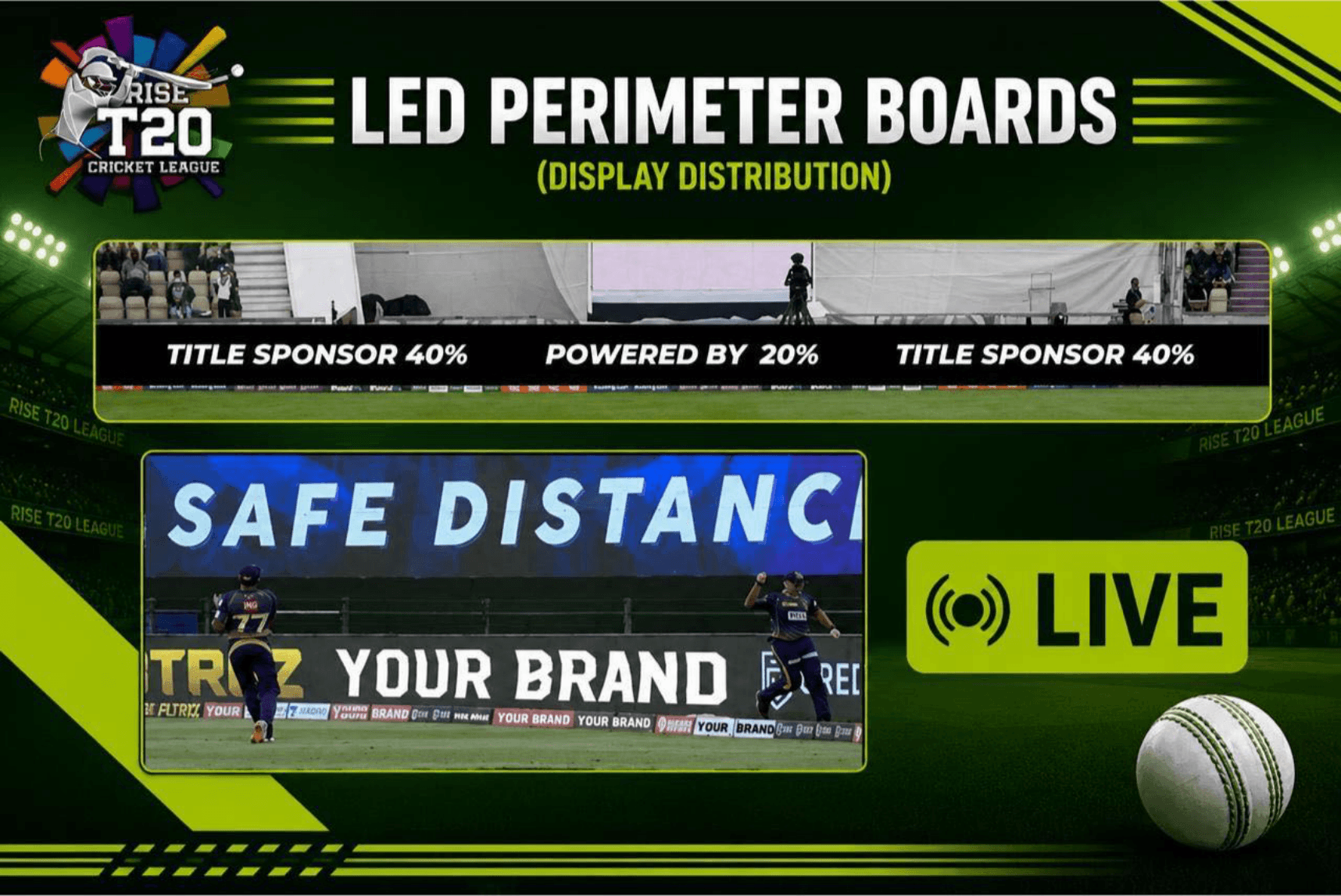 LED perimeter boards around the boundary, branded for Rise T20